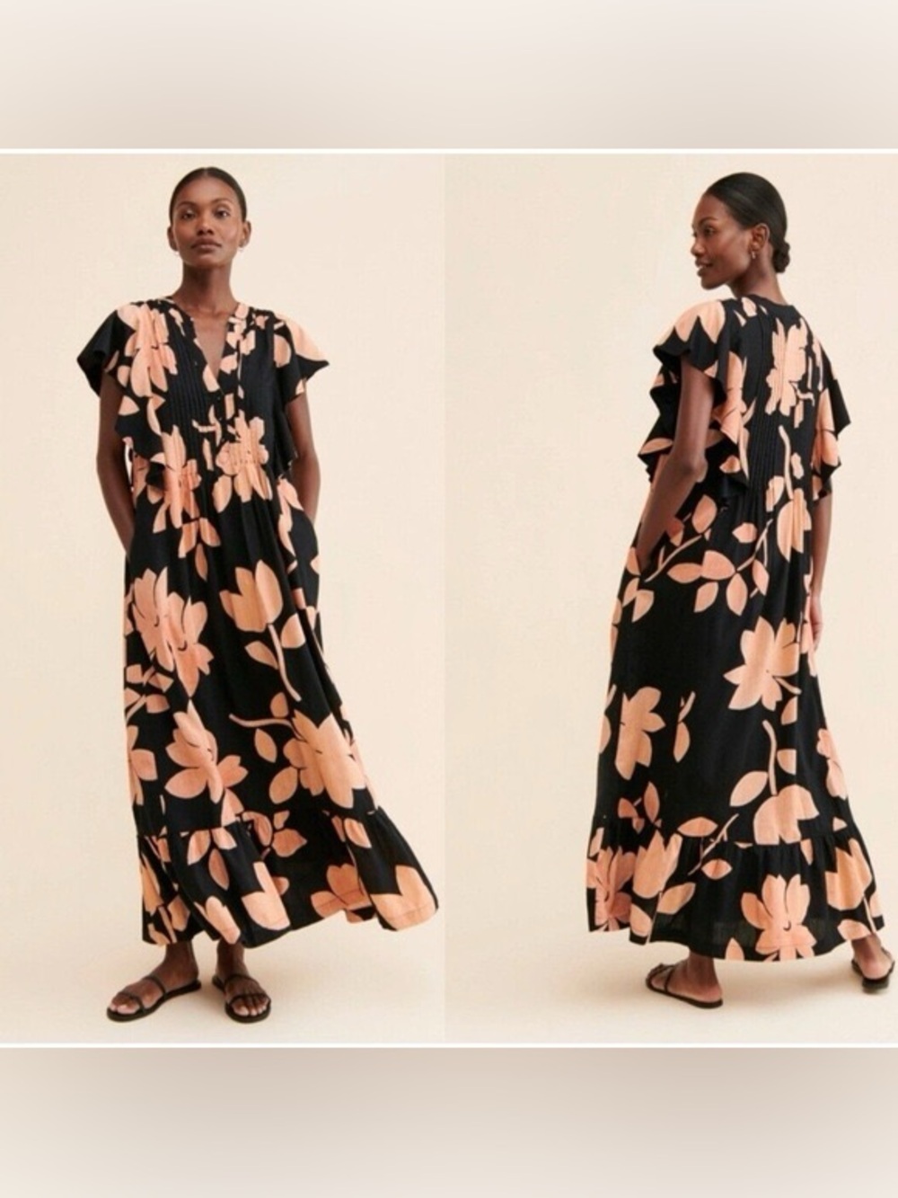Anthropologie “Floral Flounce” Black Maxi Dress with Peach Floral Print